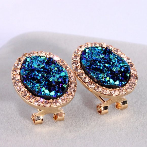 Round Stud Blue Multi Colored Stone with Halo - Picture 3 of 6